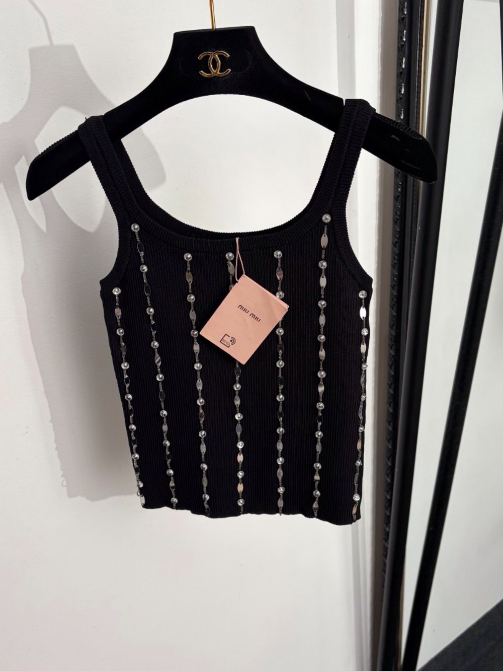 Miu Miu Black Sequin-Trim Ribbed Tank Top